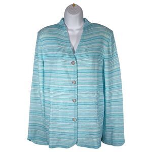 Ming Wang Jacket XL Womens Blue White Cardigan Classic V-Neck Long Sleeve